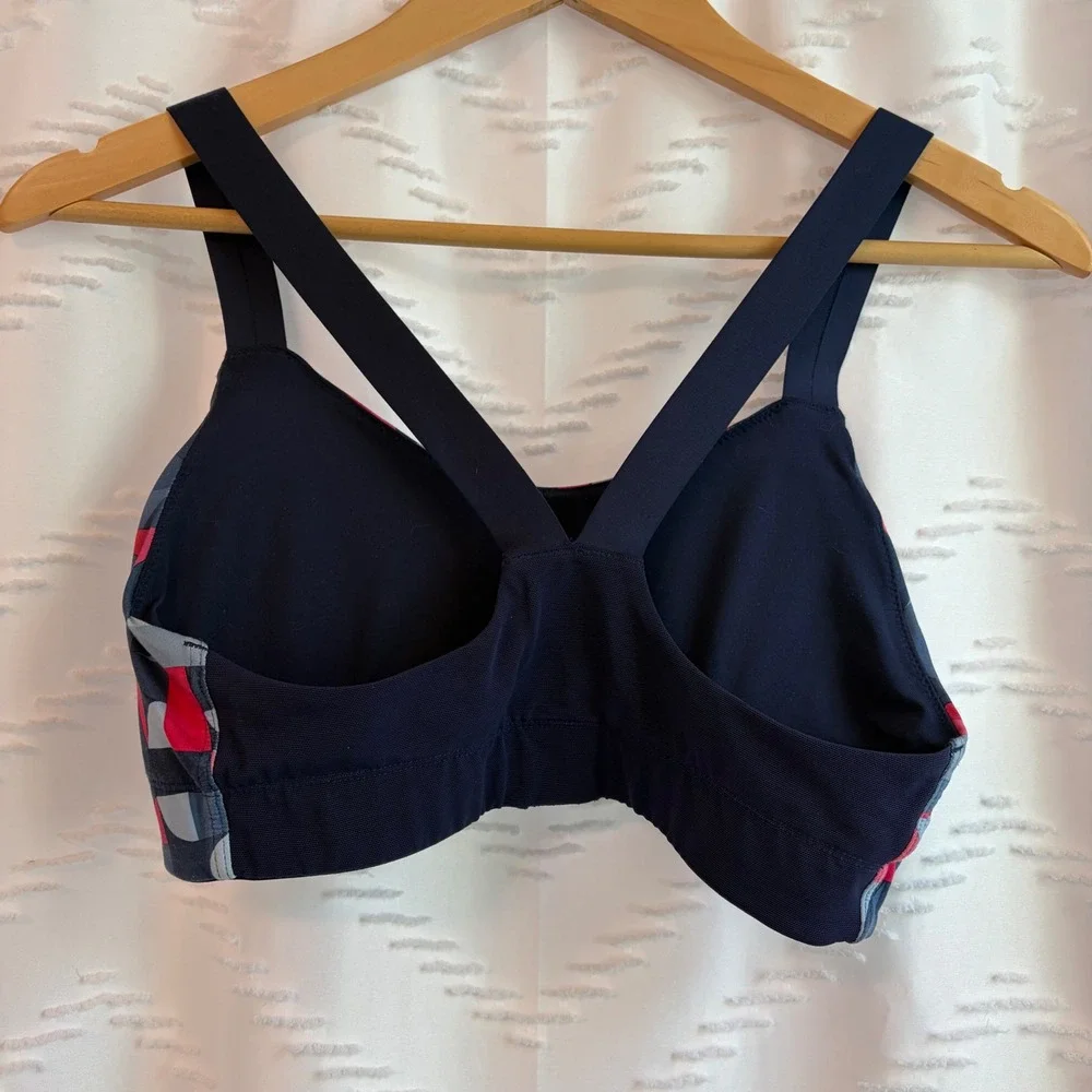 Brooks Womens High Impact Sports Bra Navy Pink Geometric Print Racerback Size M